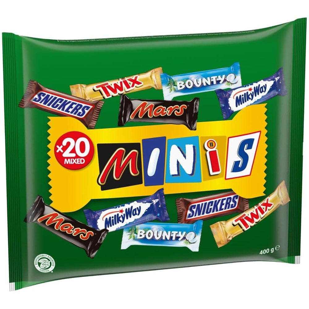 Mini paquete a granel de chocolate mixto, 20 mini snacks de chocolate (Mars, Snickers, Bounty, Twix, Milky Way), como caramelo, regalo de chocolate, caja de caramelos, 400 g
