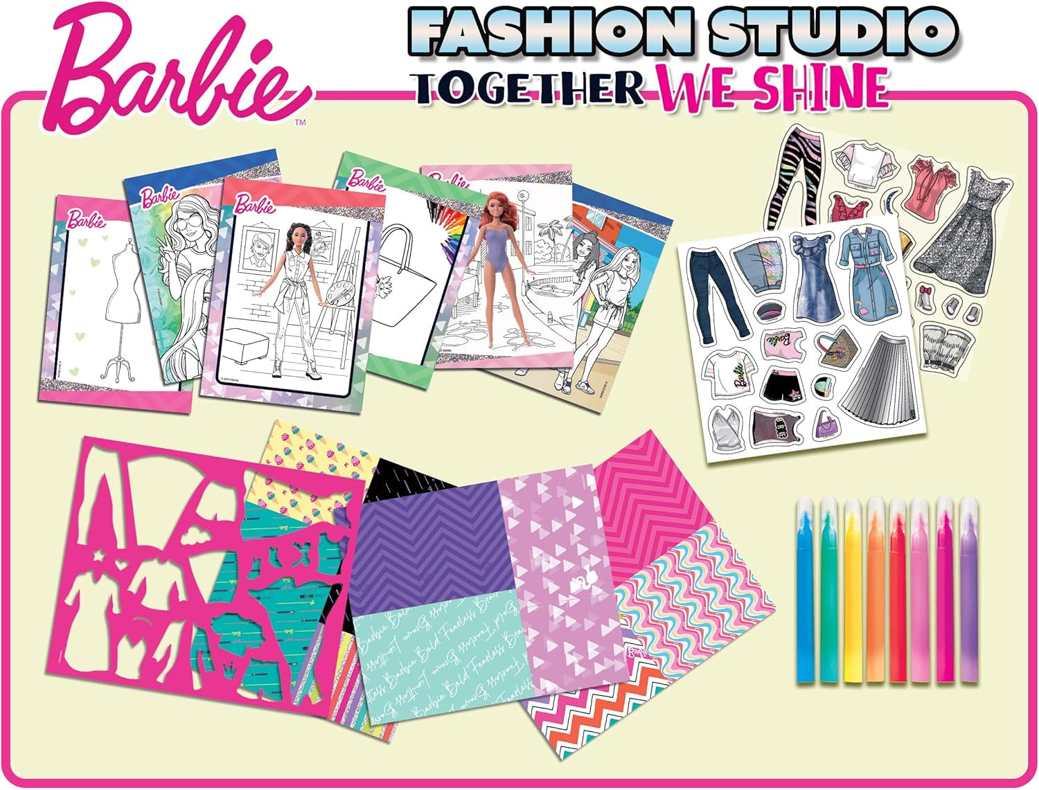 Lisciani - BARBIE - Skizzenbuch Set Wir Glänzen - Modestudio - Models zum Anziehen - Kreatives Spiel - Supermodische Kleidung - Farbmarker - Für Mädchen ab 4 Jahren