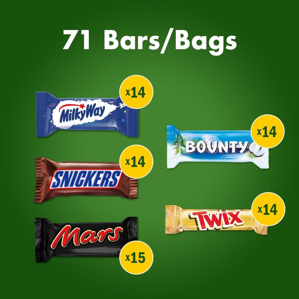 Mini pack mixto de chocolate, 71 mini snacks de chocolate (Mars, Snickers, Bounty, Twix, Milky Way) en forma de caramelos, ideales para una noche de fútbol americano (1400g)