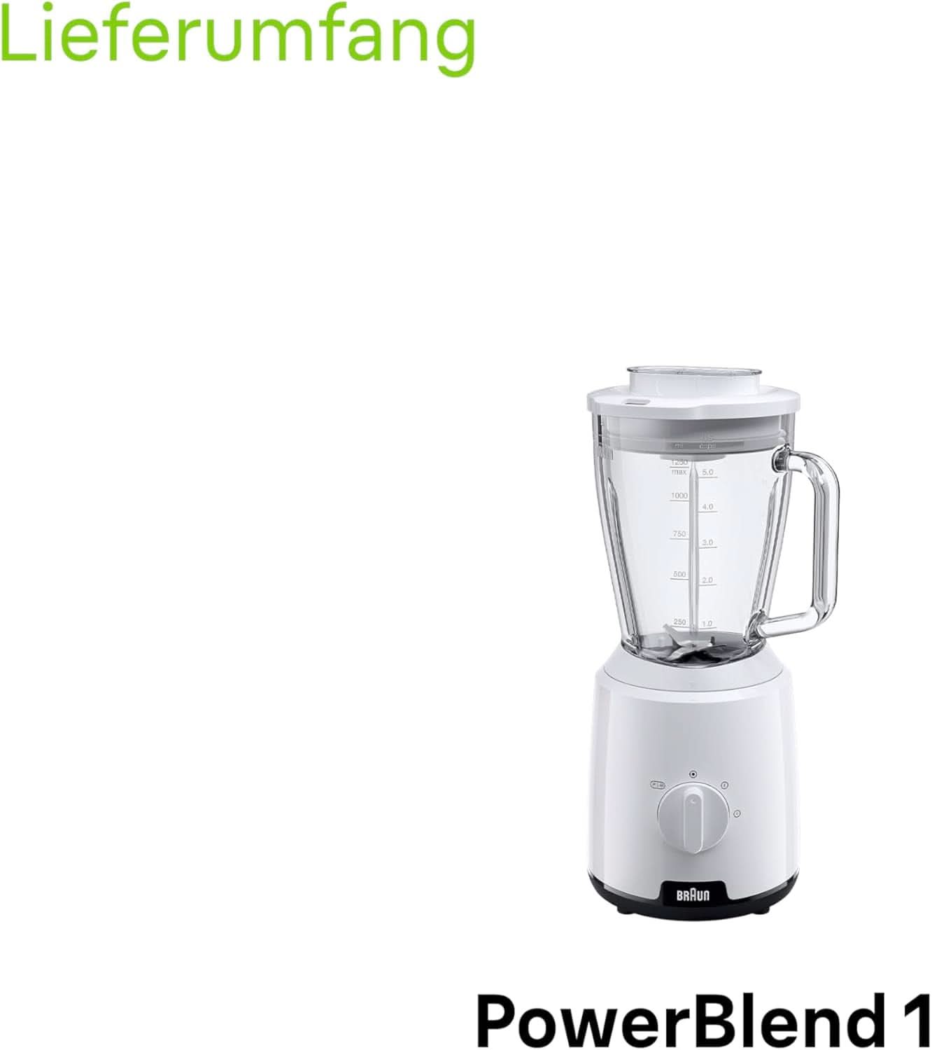 Braun Powerblend 1 JB1050WH - Batidora de pie con 1,5 L de vidrio para mezclar, Küchenhelfer Zum Zerkleinern, Pürieren & Mixen, función Ice-Crush, 2 Geschwindigkeiten, 600 Watt, Weiß Kitchen Naty Shop