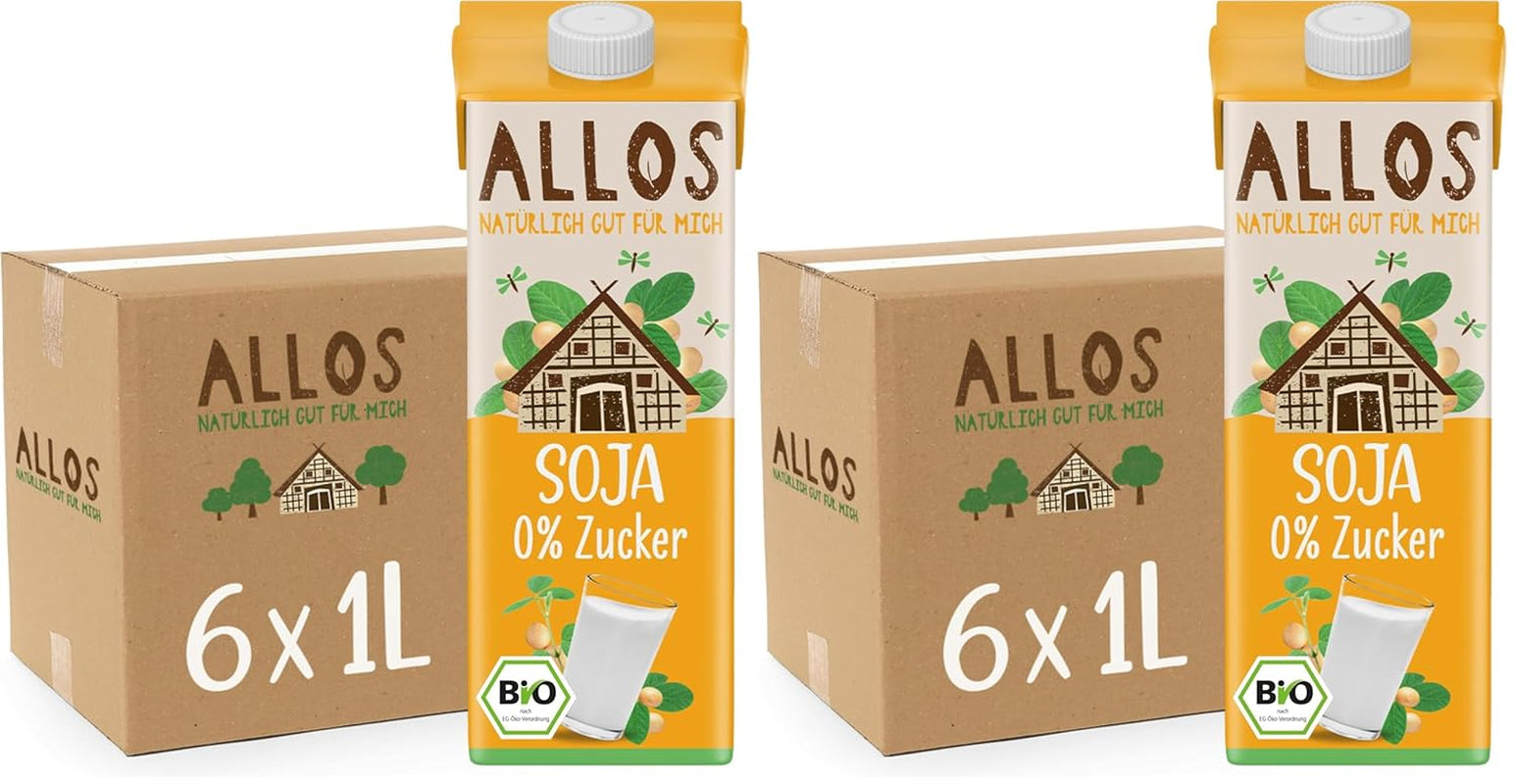 Allos Bio Sojadrink sin Zucker | Milchalternative de Soja | Bebida de soja | Bebida auf Pflanzenbasis | bebida vegana | ohne zugesetzten Zucker | vegano | sin lactosa | 1 Litro (6 Piezas)