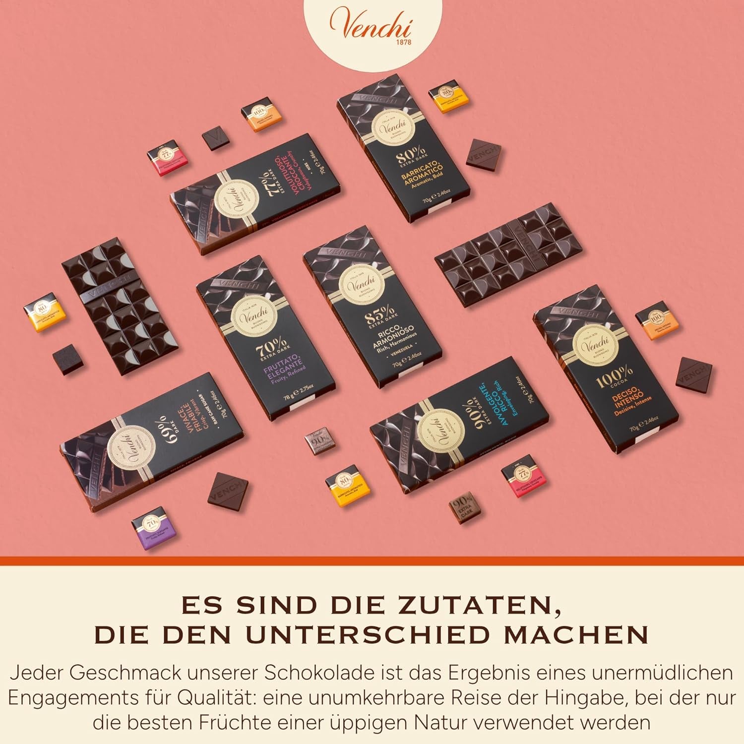 Venchi - Chocolate negro 70%, 78 g - Con mezclas de cacao seleccionadas - Sin gluten - Vegano