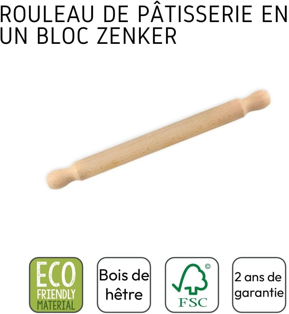 Zenker Rollholz aus Buchenholz, 350 x 30 x 30 mm – Perfecto para teige y fondant, certificado FSC, con práctica manschette, marrón