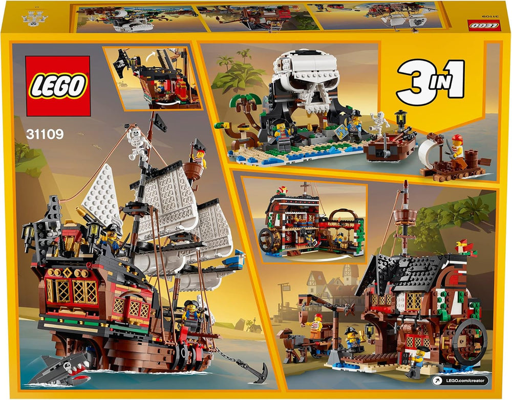 LEGO Creator Juego de Barco Pirata 3 en 1, Juguete con 3 Opciones de Construcción, Construye una Taberna Pirata o una Isla Pirata Calavera, Incluye 3 Minifiguras de Aventuras de Juego de Roles 31109 Juegos de Construcción Besuche den LEGO-Store