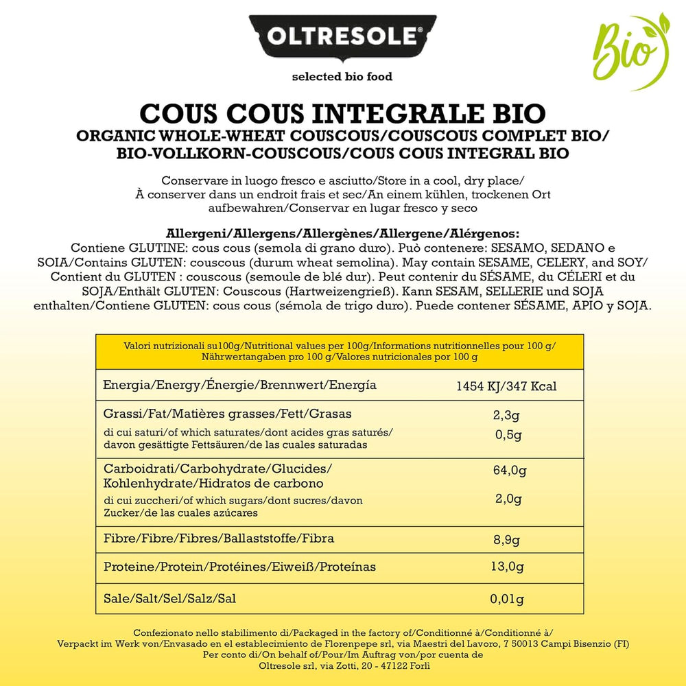 Cuscús integral ecológico 5 kg, harina integral de trigo duro ecológico, ideal para aperitivos y guarniciones saludables, tamaño práctico