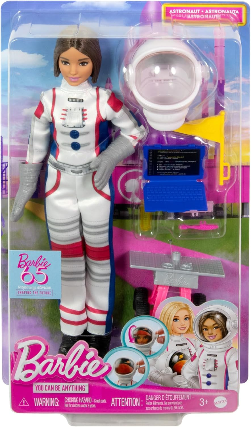 Muñeca Barbie 65 Aniversario y 10 Accesorios, Set Muñeca Morena Astronauta, Rover con Ruedas, Casco Espacial con Visera Personalizable y Más, HRG45 Naty Shop Muñecas
