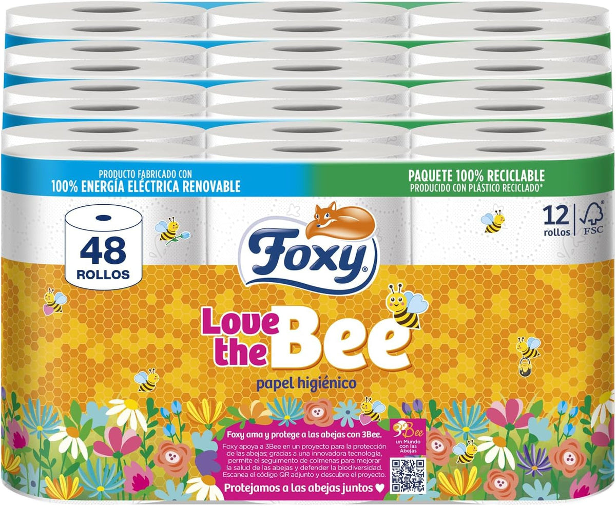 Love the Bee | Hârtie igienică cu 3 straturi | 48 role | 167 servicii pe rolă | Certificată Fsc | Energie electrică 100% regenerabilă | Ambalaj reciclabil fabricat din plastic reciclat