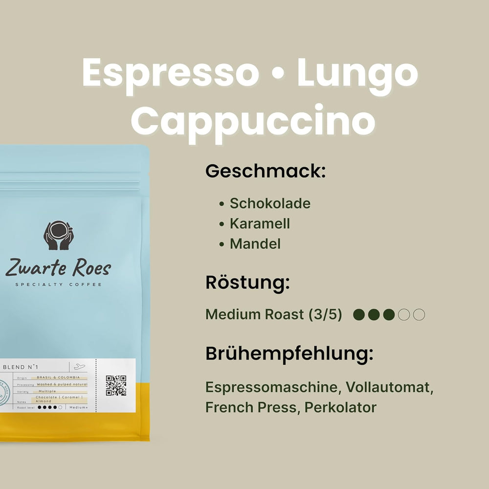 Blend Nr. 1 – Espressobohnen (ganze Bohnen) – 100% Arabica, Espresso-Röstung – Schokolade, Karamell & Mandel – Direkt gehandelt – Für Espresso & Cappuccino, 1 kg Kaffeebohnen