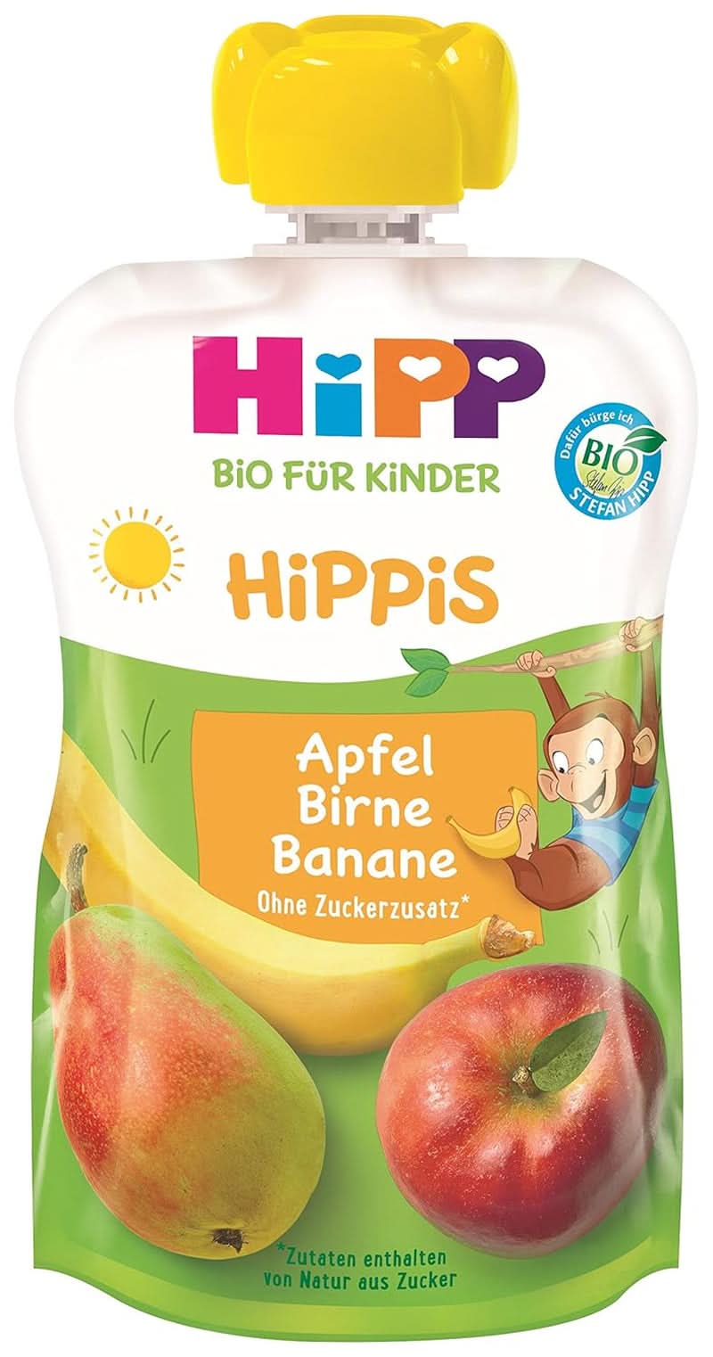 Bolsas exprimibles Hipp Super-Hippis, granada acerola en manzana-frambuesa, fruta 100% orgánica sin azúcares añadidos, 6 bolsas de 100 g Madre e Hijo Naty Shop 6 x 100 gramos Manzana-pera-plátano