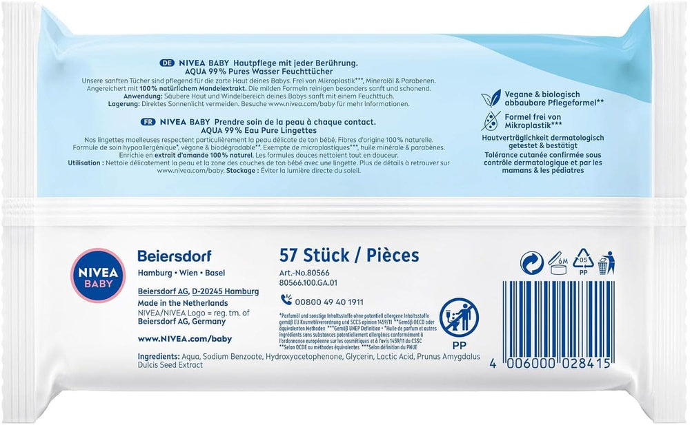 NIVEA Baby AQUA Feuchttücher, Baby Feuchttücher Zur Sanften Reinigung Empfindlicher Haut, Hypoallergene Und Parfümfreie Feuchttücher Für Babies Mit 99% Wasser (1 X 57 Stück) Toallitas húmedas para bebés Naty Shop