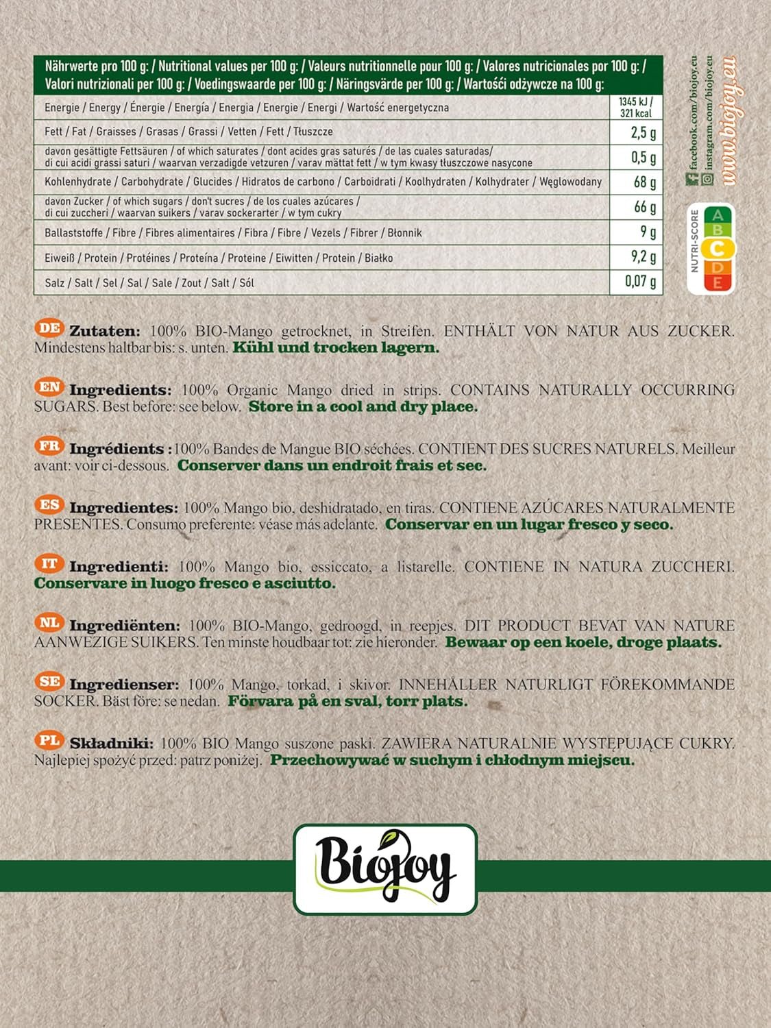 Biojoy BIO mango uscat (1 kg), nesulfurat Produse deshidratate Naty Shop