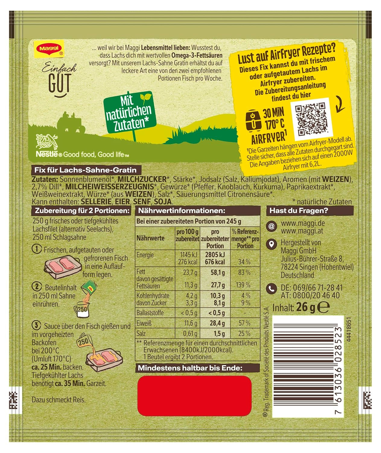 MAGGI Fix für Lachs-Sahne Gratin, Würzmischung, mit natürliche Ingredient*, para 2 porciones, 1 paquete (1 x 26 g)