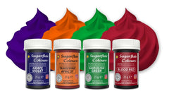 Set de coloranți alimentari pentru paste Sugarflair/4, coloranți alimentari pentru paste, fondant, marțipan, pastă de zahăr, cremă de unt și multe altele: Verde macabru, Violet struguri, Roșu sângeriu