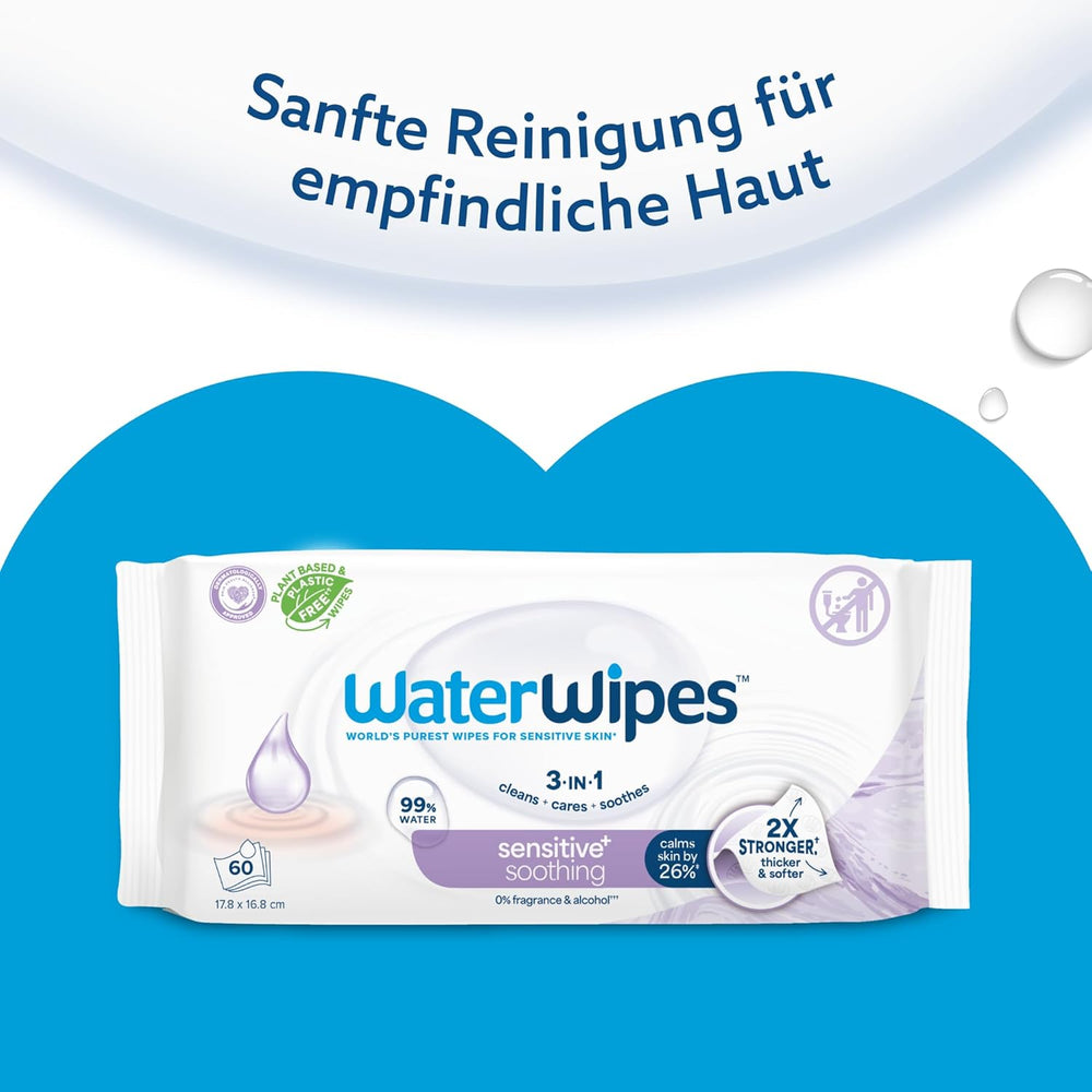 WaterWipes Sensitive+ Soothing Clean 360 piezas (paquete de 6) 3 en 1 limpieza, cuidado y calmante 99% agua con extracto de plantas toallitas para bebés sin perfume