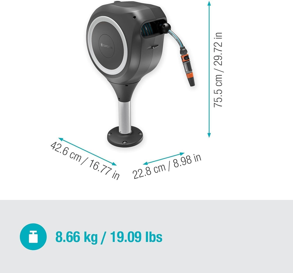 Cutie furtun terasă Gardena RollUp M: Cutie rezistentă la intemperii cu tehnologie de rulare și furtun de 20 m, pentru udarea grădinilor de dimensiuni medii cu terasă, înfășurare automată, albă (18615-20)