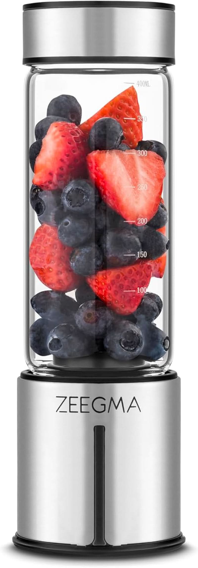 ZEEGMA Vitamine GO Tragbarer Mixer Für Cocktails Und Smoothies 300W, Personal Blender, Mini-Mixer 450Ml Mit 6 Klingen, 2 Geschwindigkeiten Akku 5000 Mah, 25 Anwendungen Pro Ladung Mama si Copilul Naty Shop Silver On-The-Go(Glass)