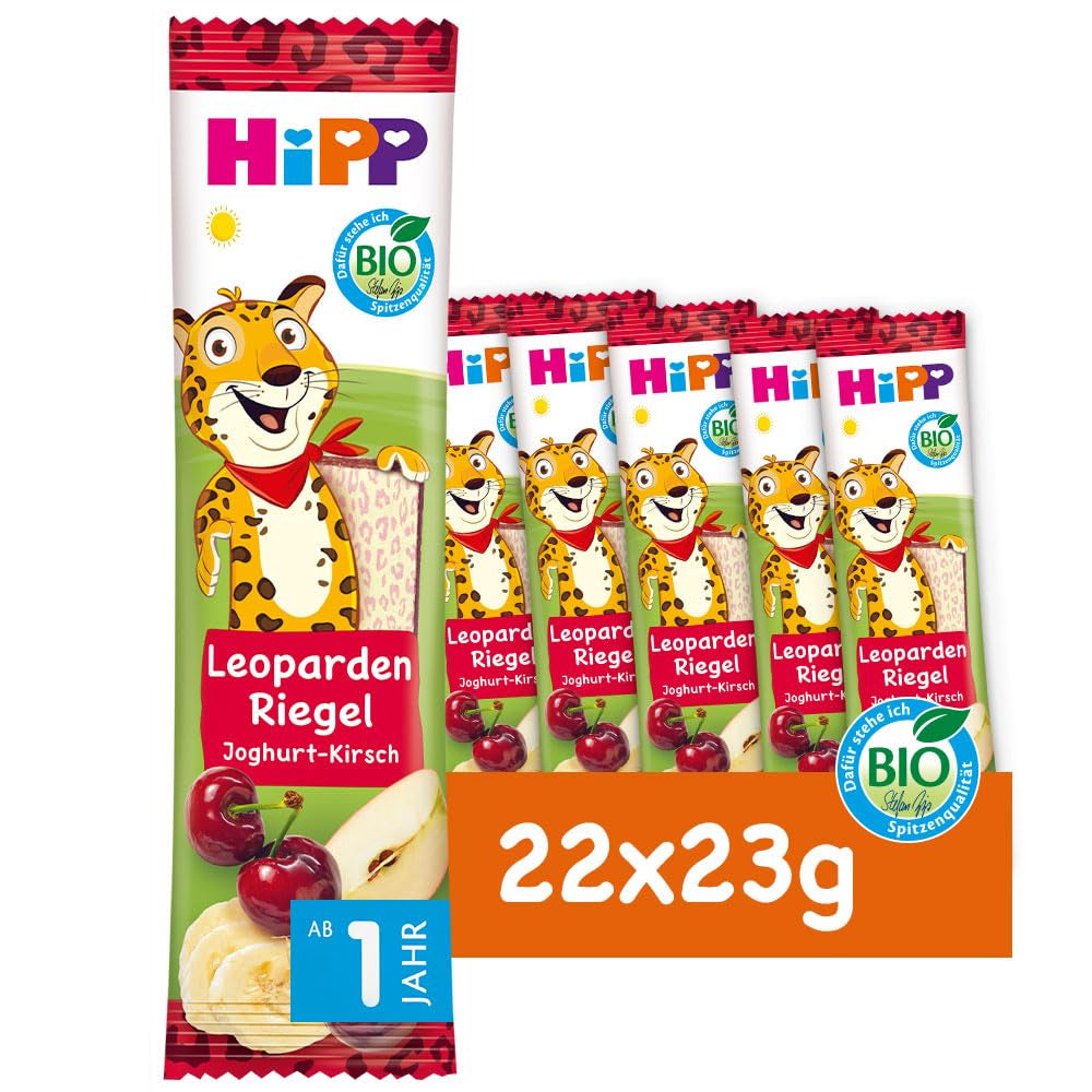 Barritas HiPP Leopard con yogur y cerezas en plátano (22 x 23g), a partir de 1 año, endulzadas únicamente con fruta, de la mejor calidad ecológica