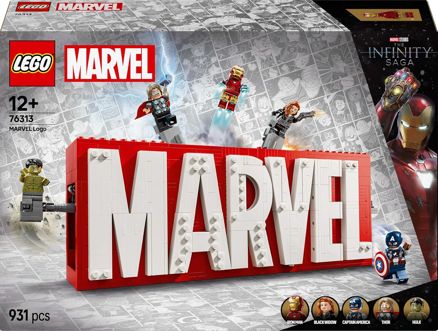LEGO Marvel: Logotipo de Marvel y minifiguras - Set de colección de Hulk, Thor, Iron Man, Black Widow y Capitán América - Set de construcción de figuras de Los Vengadores - Regalo para niños y niñas a partir de 12 años 76313 Juegos de construcción Beuche den LEGO-Store