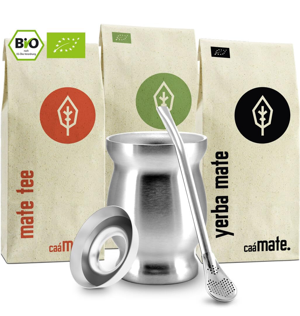 Set de ceai Mate Bio ● 3 sortimente de mate + cană Mate din oțel inoxidabil cu pereți dubli + Bombilla + instrucțiuni de preparare (negru)