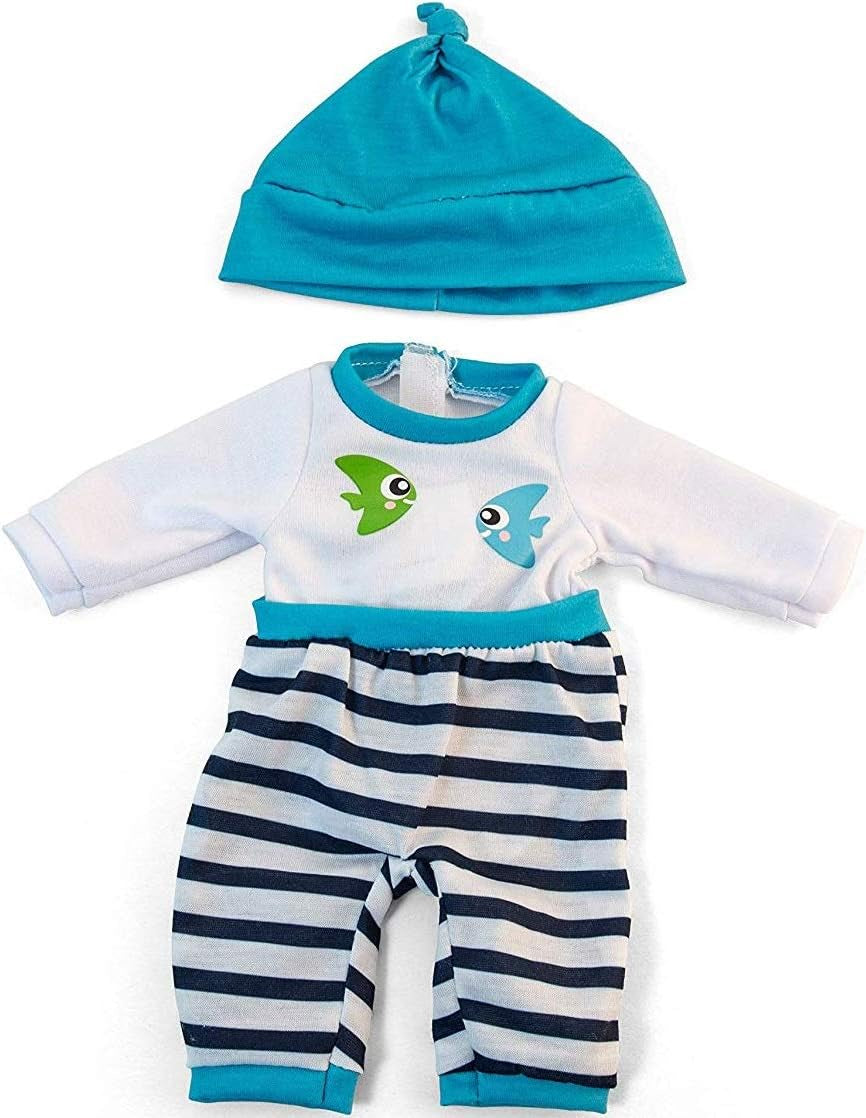 Miniland Set Puppenkleidung 32cm, camiseta girgeltes mit Latzhose und Mütze, Übergangszeit