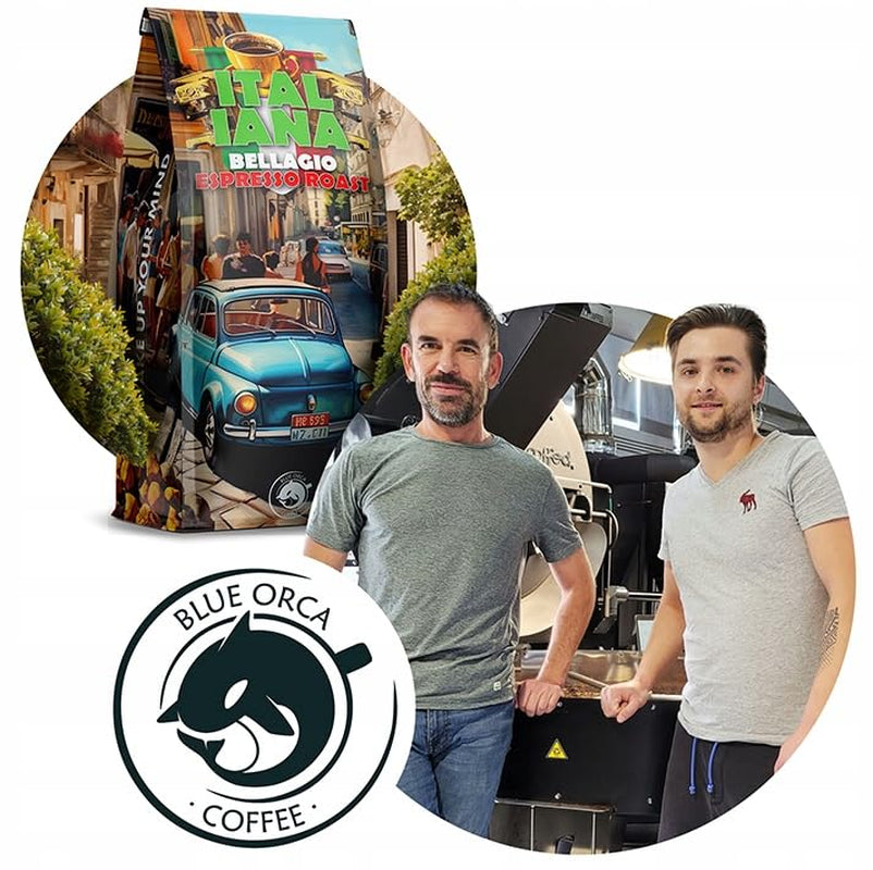 Boabe de cafea prăjite Italiana Bellagio 1kg | 80% Arabica și 20% Robusta | cu note de nuci și ciocolată neagră | proaspăt prăjită, aciditate scăzută | pentru aparate de cafea | Blue Orca Coffee