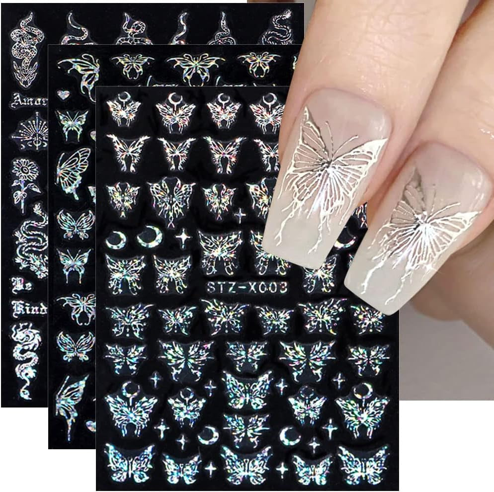 6 Blatt Schmetterling Nagelsticker Selbstklebend Laser Silber Schmetterlings Nagelaufkleber 3D Aurora Silber Schwarz Schmetterlinge Nagel Stickers Frühling Nageldesign Nail Sticker Nail Art Zubehör
