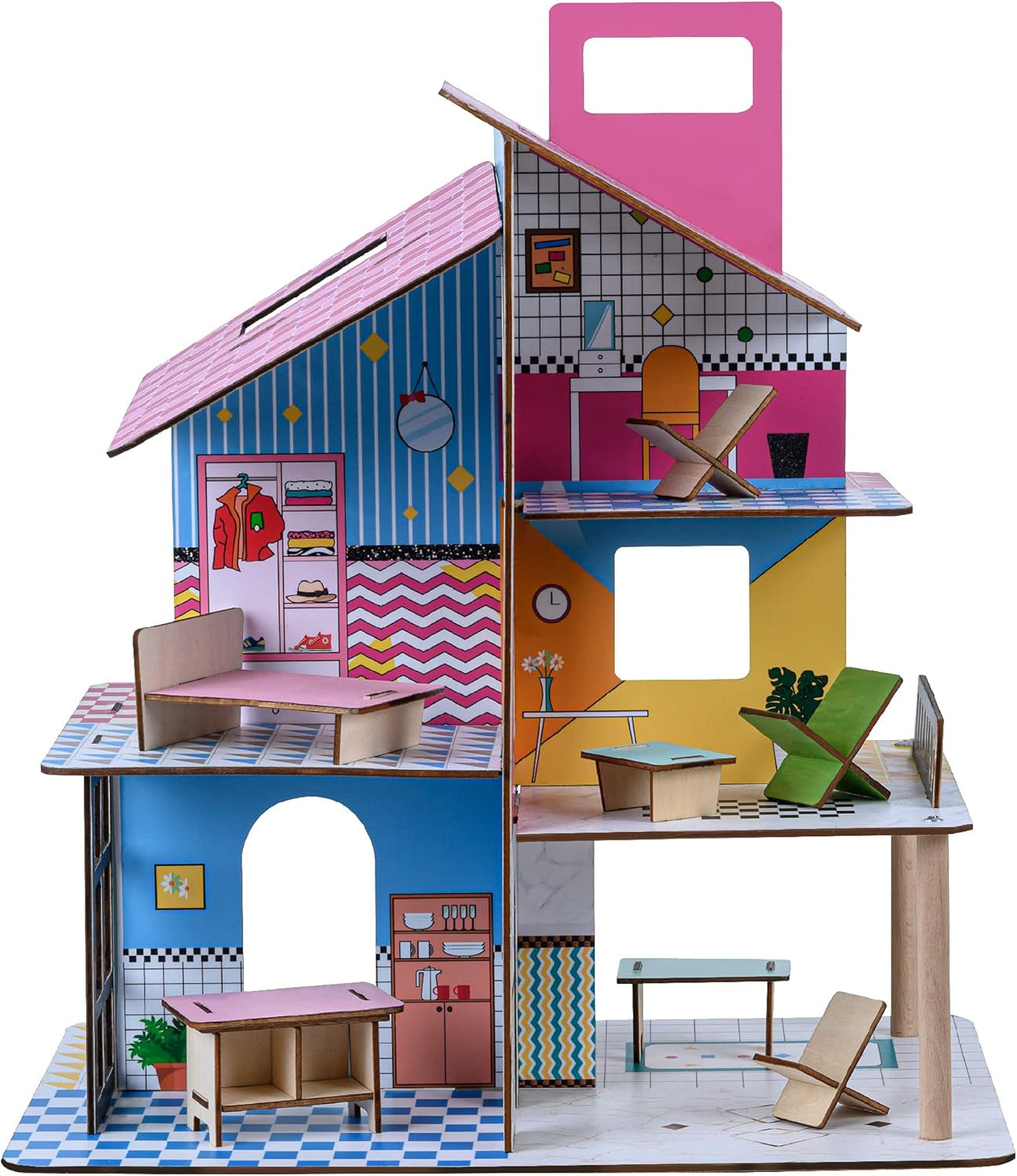 Casă de păpuși din lemn pentru copii Olivia's Little World 360, păpuși de 8,9 cm și 12 accesorii, multicoloră, TD-13260C