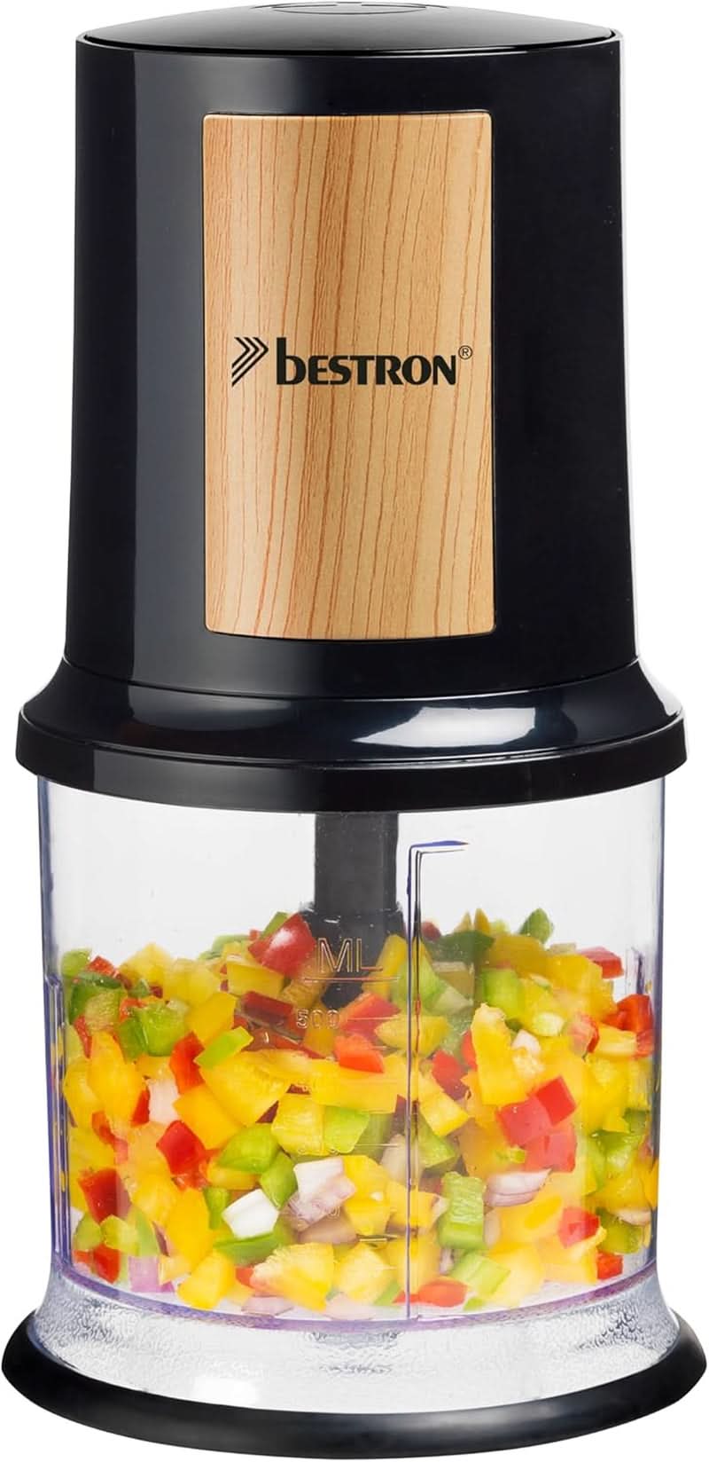 Bestron Elektrischer Multi-Zerkleinerer, Universalzerkleinerer Mit Zwei Schneidemessern & 500Ml Kapazität, Große Pulstaste, 400 Watt, Color: Kupfer Kitchen Naty Shop Schwarz/Holz