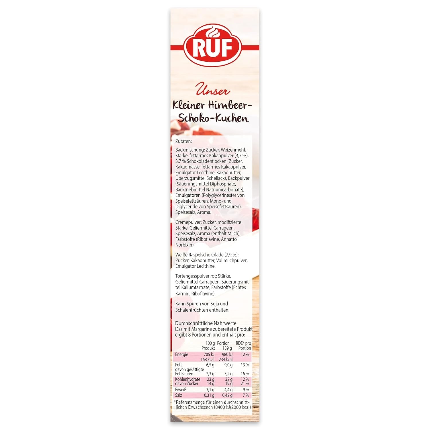 RUF Kleiner Himbeer-Schokokuchen, Mini-Kuchen Mit Feiner Puddingcreme, Himbeeren Und Weißen Schokoraspeln, Inkl. Backform, 1X252G Mezcla para hornear y cocinar Naty Shop