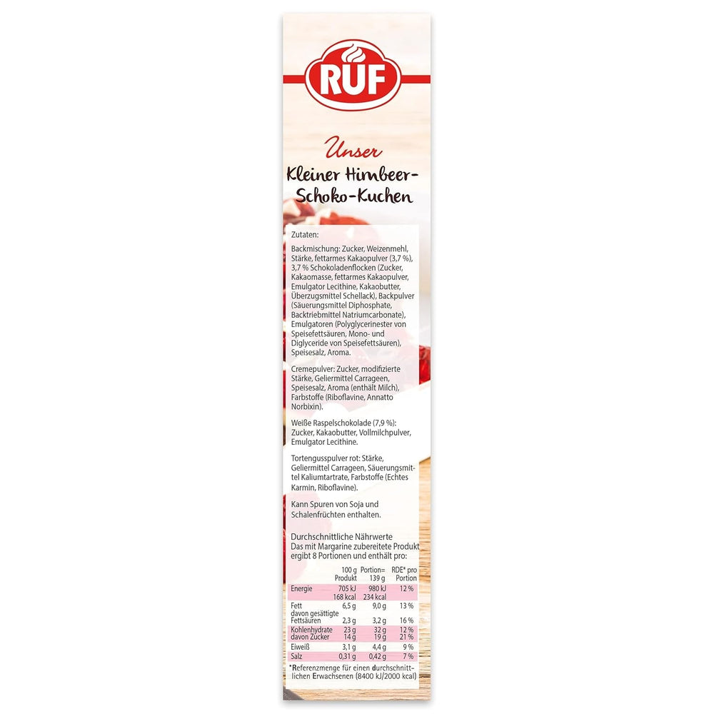 RUF Kleiner Himbeer-Schokokuchen, Mini-Kuchen Mit Feiner Puddingcreme, Himbeeren Und Weißen Schokoraspeln, Inkl. Backform, 1X252G Mezcla para hornear y cocinar Naty Shop