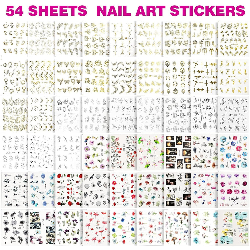 FANDAMEI 54 Blätter Wassertransfer Nagelsticker & Nail Art Pinsel Set, Dotted Pens, Blattgold Für Nagelkunst, Streifenband, Strasssteine, Werkzeug Und Dekorationen Set Für Nagelkunst Maniküre Set