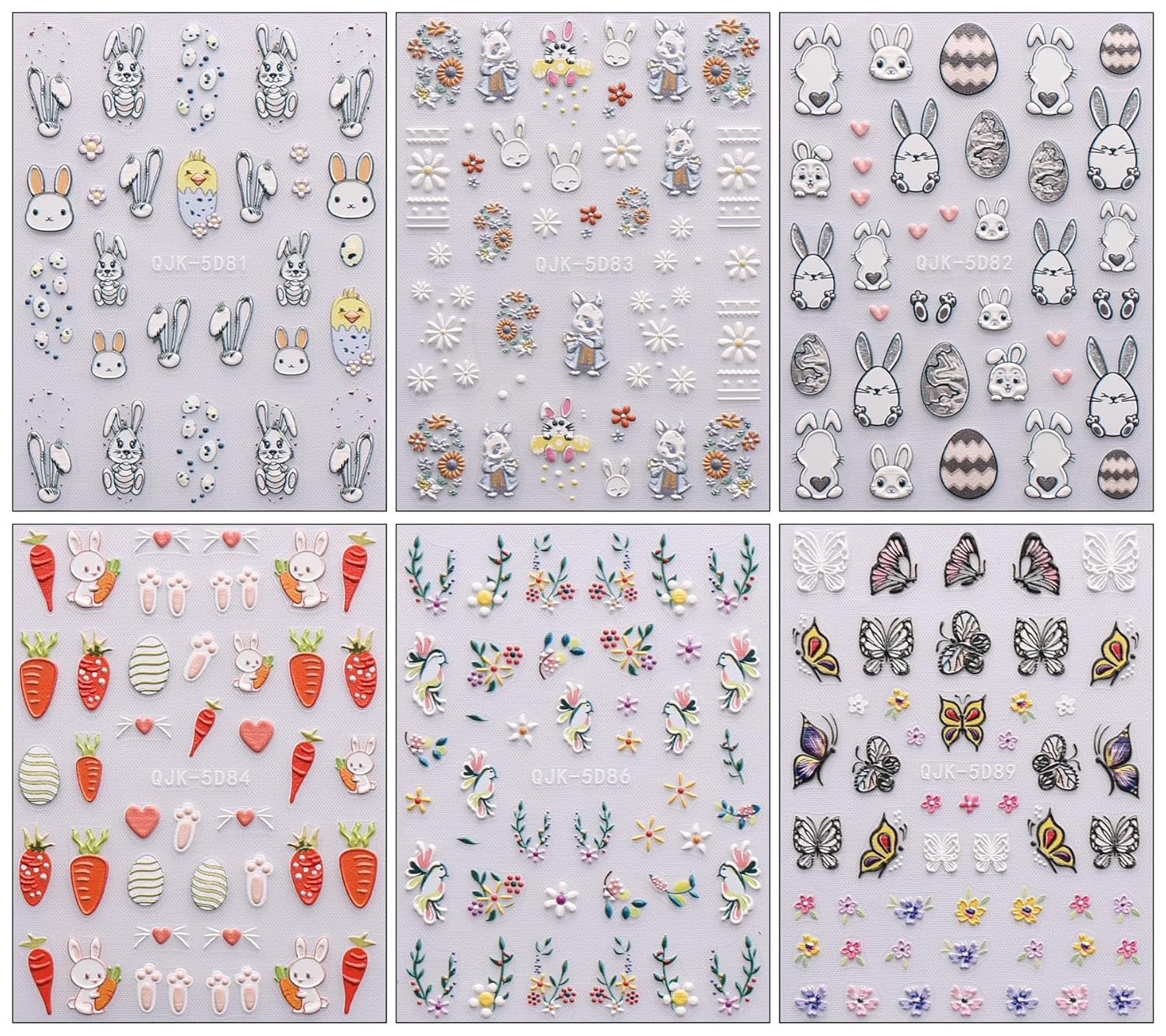 JMEOWIO 6 Blatt 3D Nagelsticker Ostern Nail Art Sticker Selbstklebend Nagelaufkleber 5D Stereoskopisch Süßer Hase Ei Dekoration Nageldesign Zubehör