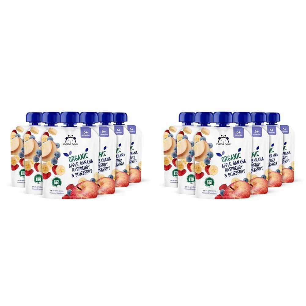 Mama Bear, puré orgánico de diferentes frutas, set 6 x 90 gramos Madre e Hijo Naty Shop 12 x 90 gramos Manzanas, plátanos, arándanos y frambuesas