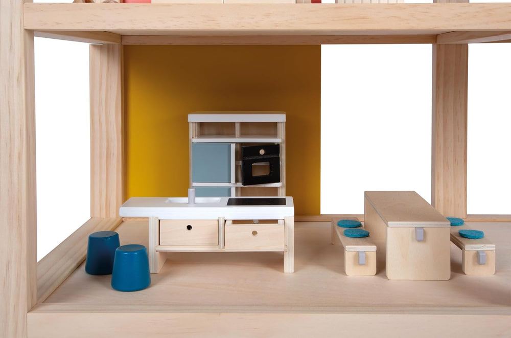 Casă de păpuși din lemn Small Foot, culori naturale – cu 3 etaje, terasă pe acoperiș și set de mobilier cu 51 de piese, încurajează jocul creativ, potrivită pentru vârste de la 3 ani în sus, 12541