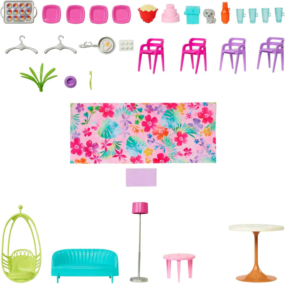 Casă de vacanță Barbie (116 x 77,9 cm), 6 locuri de joacă, complet mobilată cu accesorii, mobilier și lift, pliabilă și depozitabilă, păpușă, cadou pentru copii cu vârsta de 3 ani și peste, HCD50