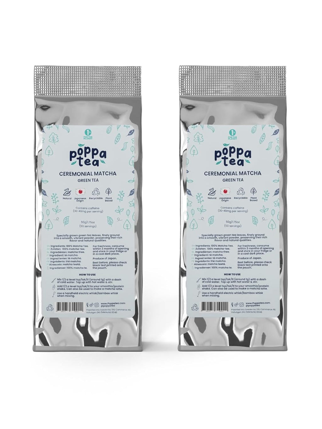 Poppatea Matcha Tea - Ceremonial - Frunze de ceai verde japonez (pungă de reumplere de 50 g, Matcha cu Chai)