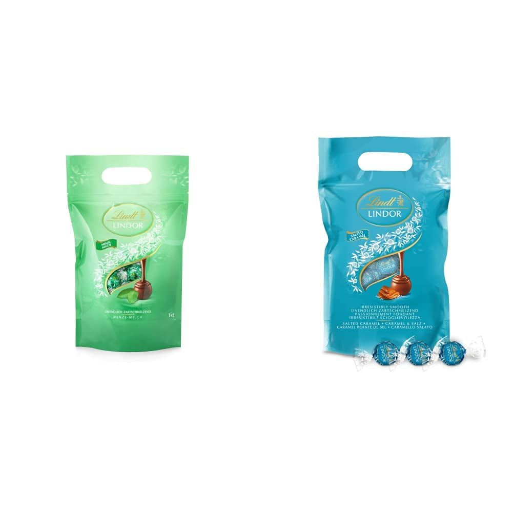 Bolas de chocolate LINDOR | Bolsa resellable de 1 kg | aprox. 80 bolitas de chocolate con leche con relleno de menta | Paquete a granel y bolas de chocolate y caramelo salado LINDOR