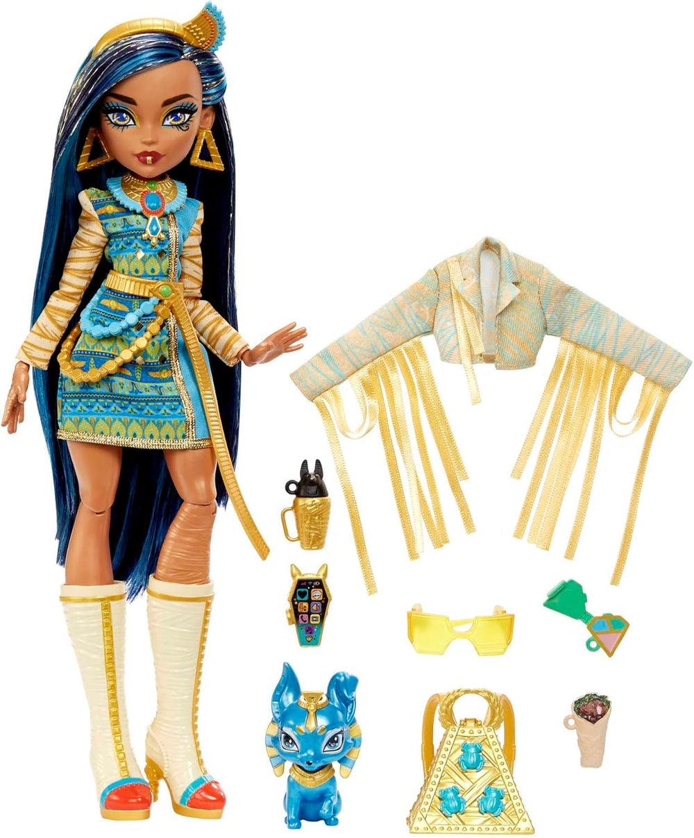 Muñeca Monster High Cleo De Nile con Blusa Dorada y Falda a Capas, Incluye Mascota Cobra Hissette y Accesorios como Mochila, Merienda y Rollo de Papel, HXH74 Naty Shop Dolls Mummy Fashion Doll