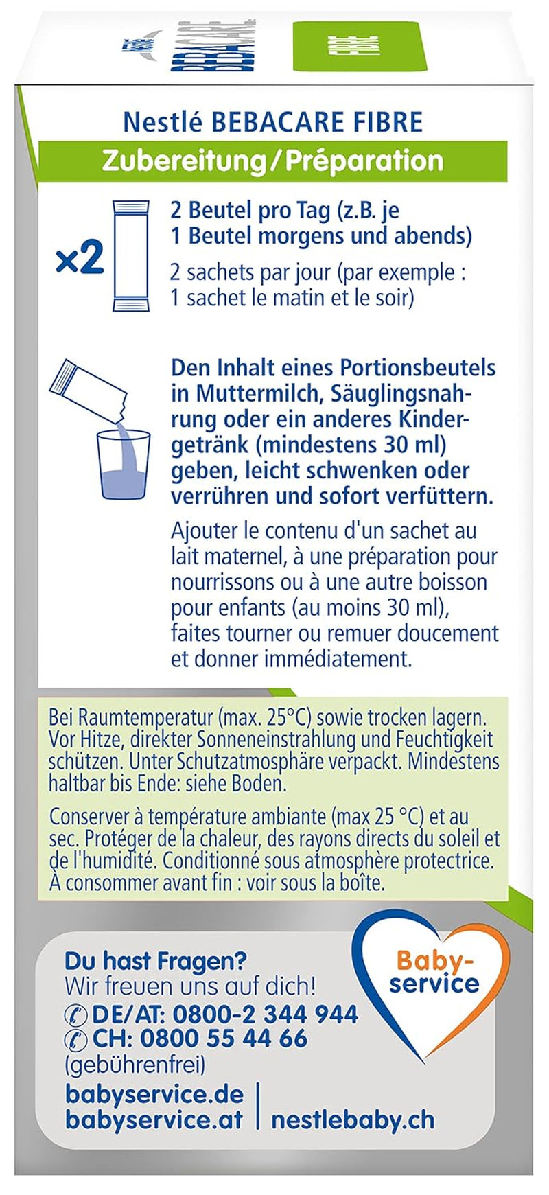 BEBACARE FIBER complemento alimenticio sin gluten para una digestión suave, complemento alimenticio para bebés desde el nacimiento y niños pequeños, 1x (20 x 2,2g)