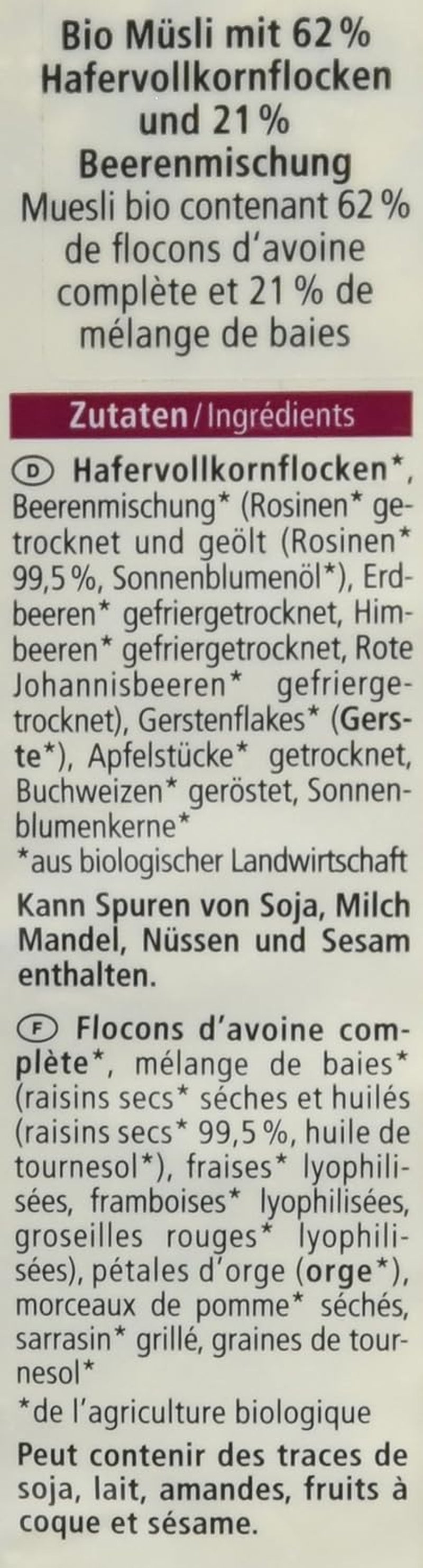 Muesli ecológico con frutos del bosque, 750g