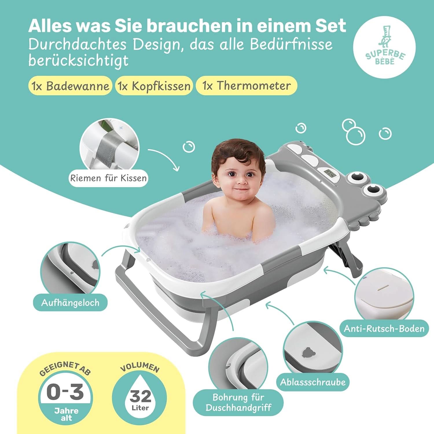 Bañera plegable para bebés con almohada de baño y termómetro integrado Madre e Hijo Naty Shop