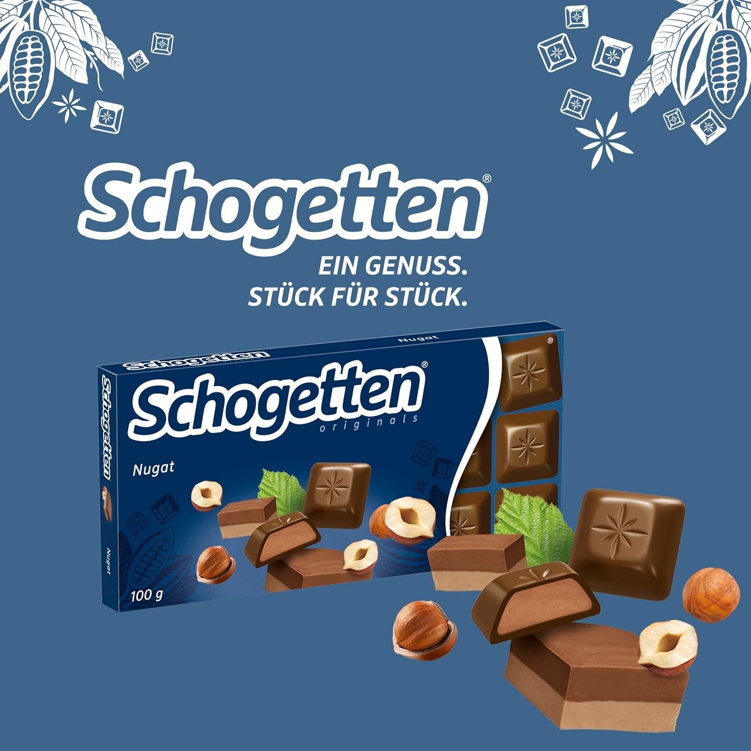 Barra de chocolate Schogetten Nougat 100g, en porciones individuales. Una delicia. Pieza por pieza.