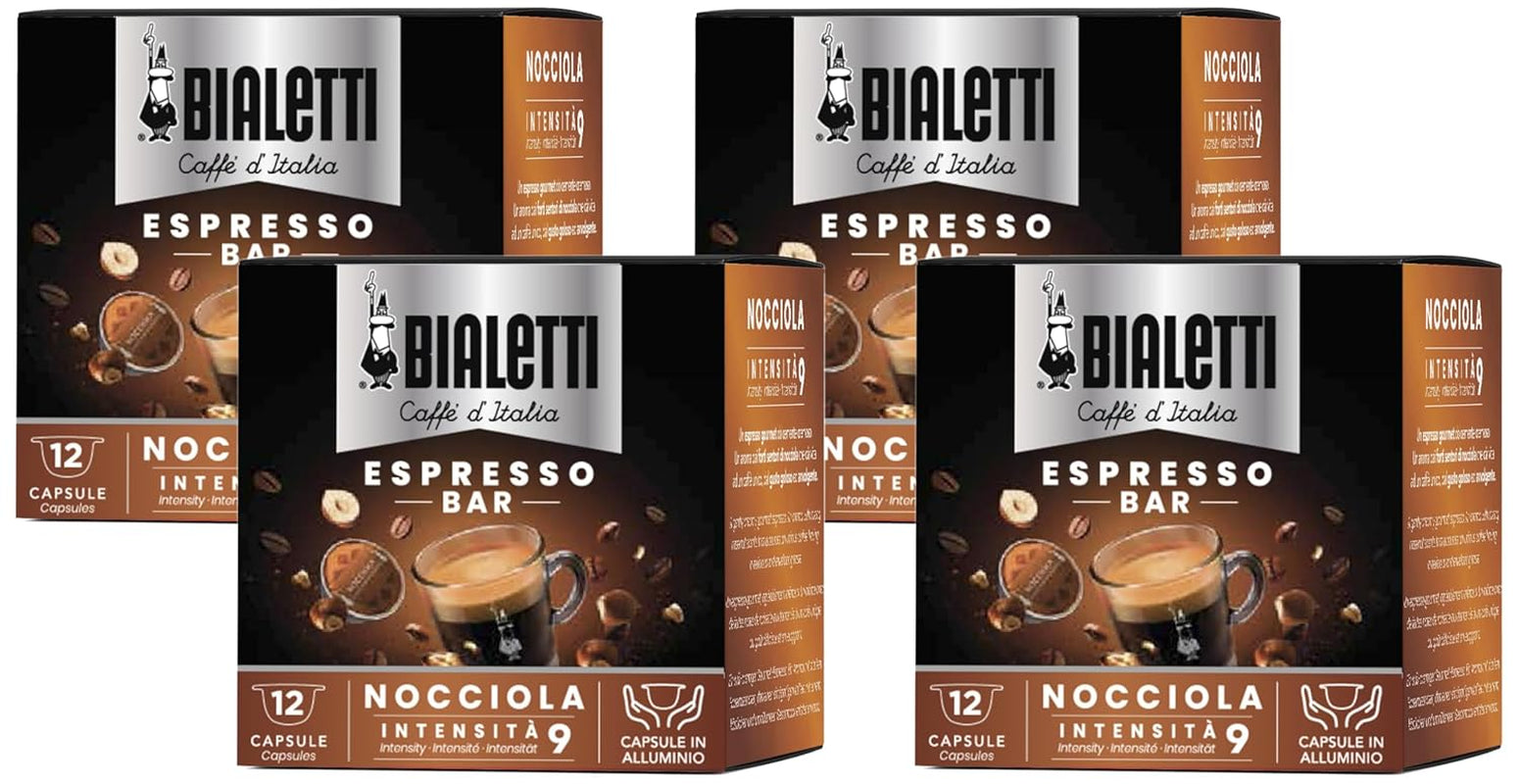 Caffè d'Italia, Schachtel mit 12 Kapseln, Haselnussgeschmack, kompatibel mit -Maschinen mit geschlossenem System, 100 prozent Aluminium (Packung mit 4)