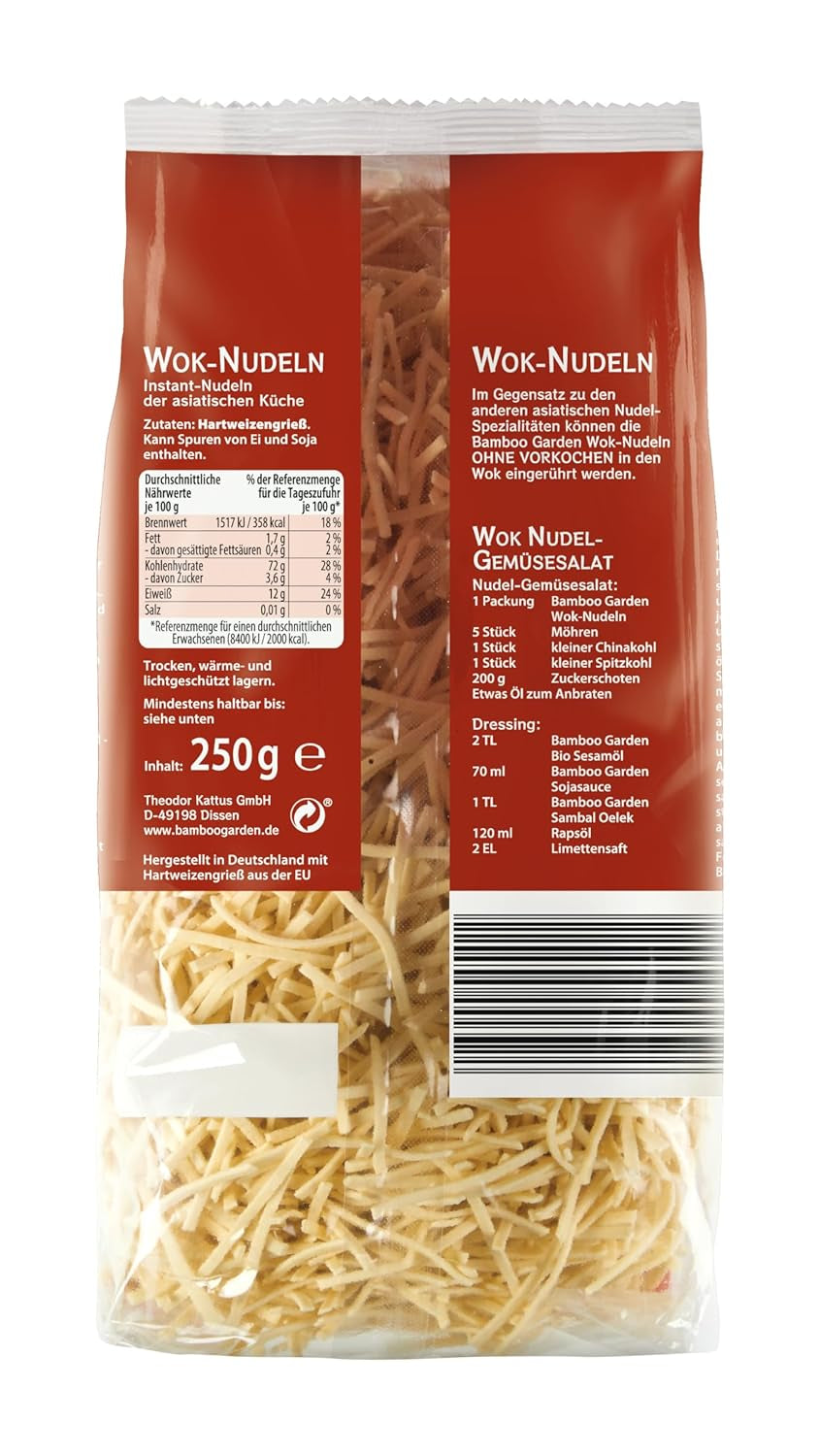 Jardín de Bambú - Fideos Wok | Fideos instantáneos con huevo | Mezclar, no requiere precocción | Para platos asiáticos al wok | 250 gramos en una bolsa