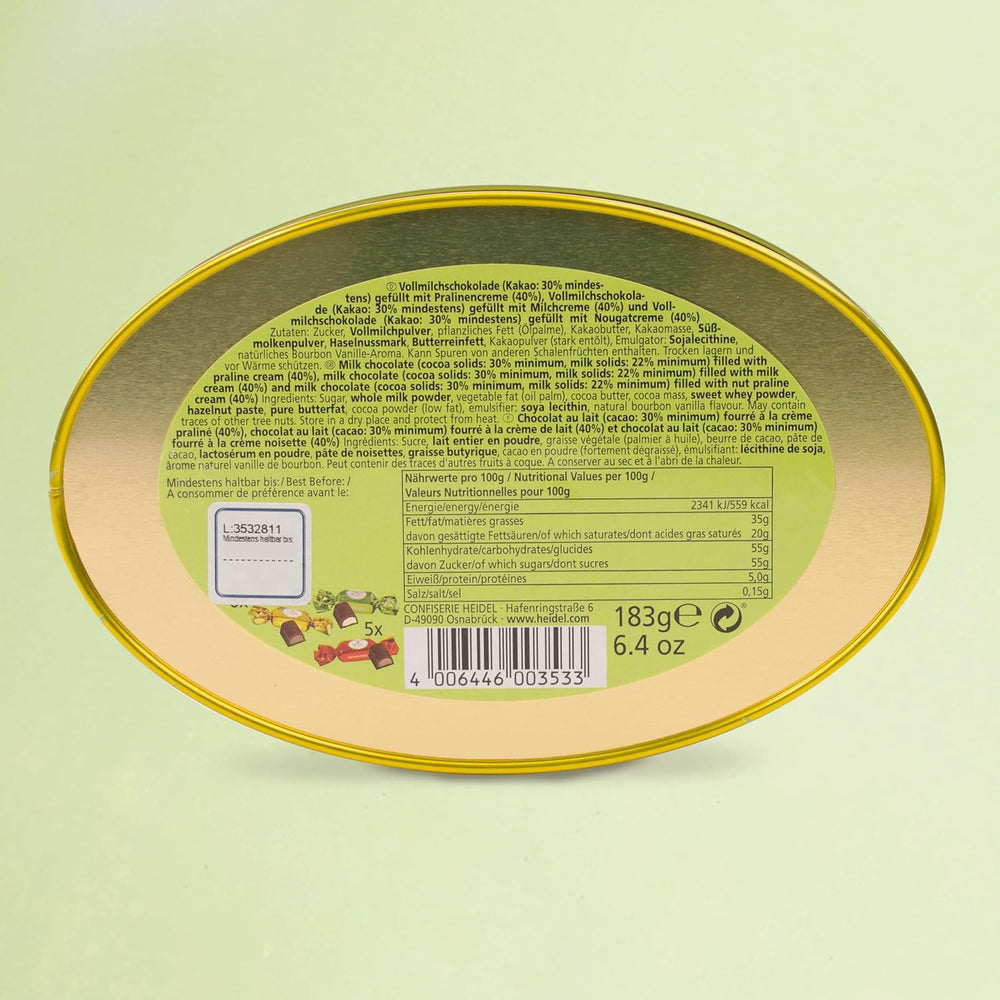 Caja de regalo con tarjeta de Pascua de Heidel, 183 g, praliné de chocolate con leche de primera calidad con caja de metal decorativa, ideal como regalo de Pascua