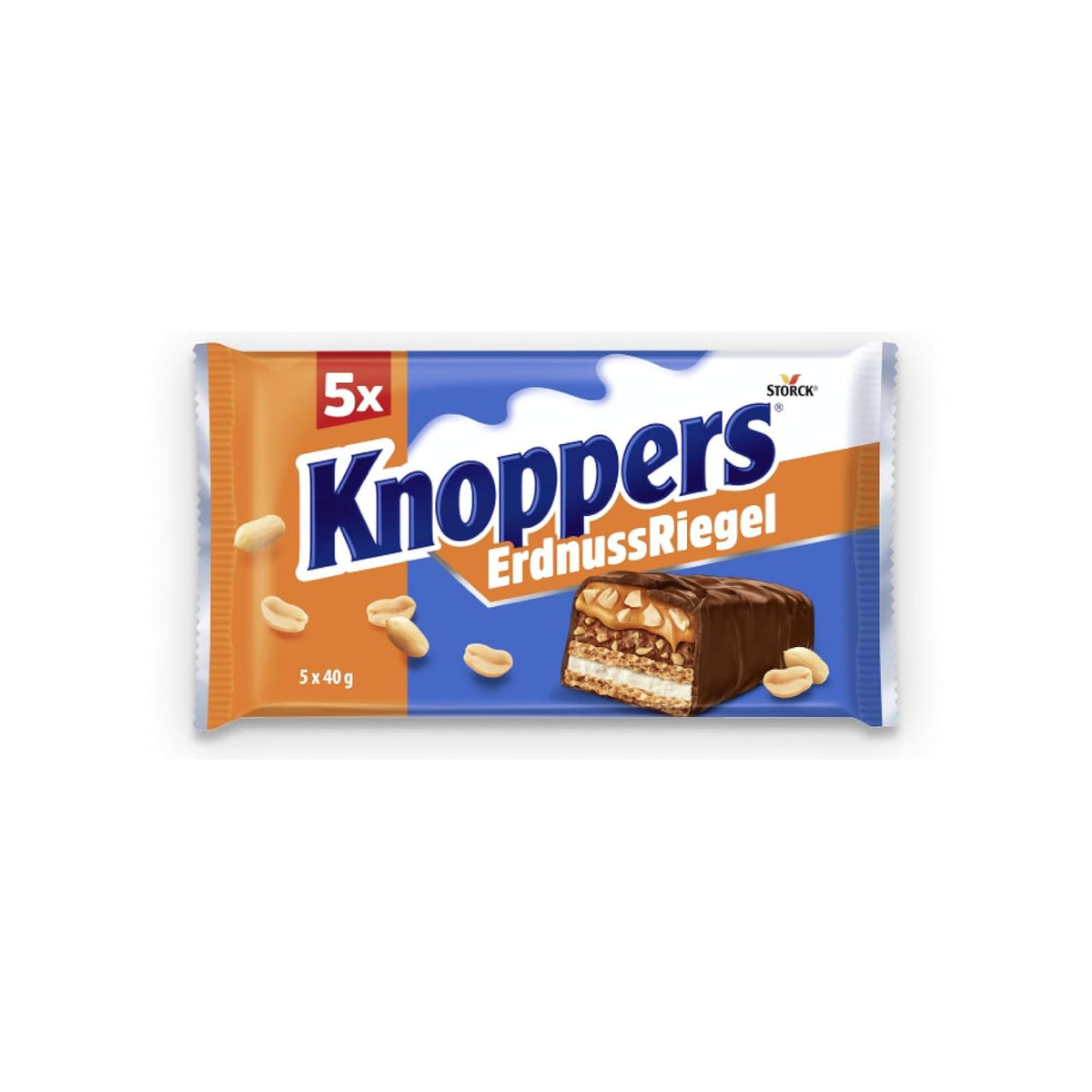 Knoppers Peanut Bar – 1 x 200g (5 barras) – Barra de chocolate con leche con crema de maní, maní salado picado, caramelo y chocolate con leche