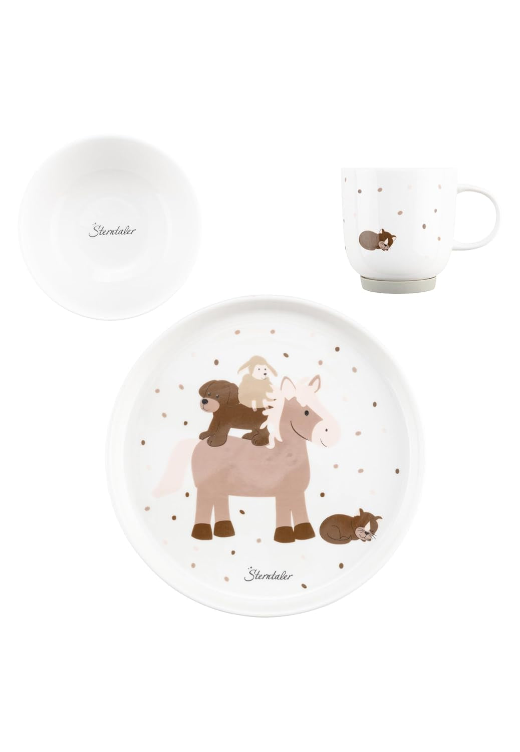 Set de veselă din porțelan Sterntaler, design rustic - Set de veselă cu bază din silicon antiderapantă și detașabilă - Veselă pentru bebeluși și copii cu farfurie, bol de 400 ml și cană de 200 ml, alb