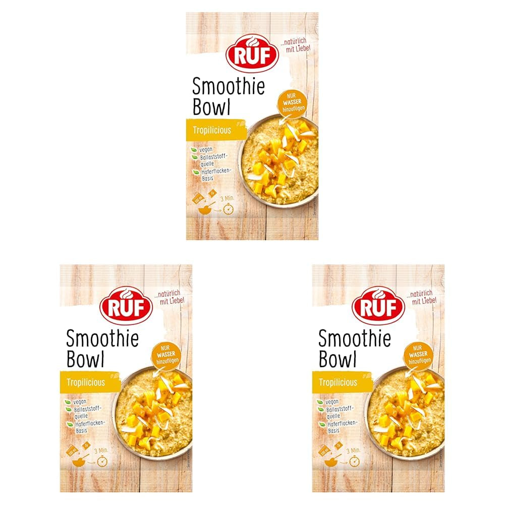 RUF Smoothie Bowl Tropilicious Mango Maracuyá Avena Desayuno Snack Rápido y Fácil Vegano 1 Bolsa x 50g (Paquete de 3)