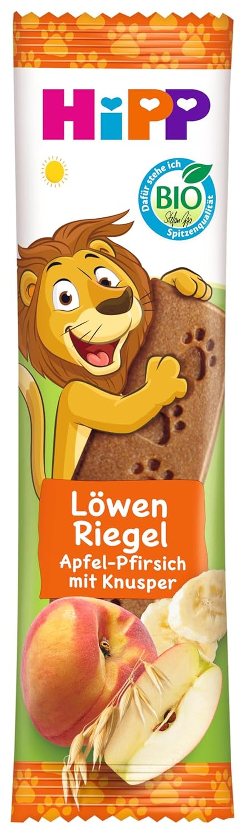 Barritas HiPP Lion Muesli con Avena Crujiente y Manzana y Melocotón (24 x 20g), a partir de 1 año, endulzadas únicamente con fruta, de la mejor calidad ecológica