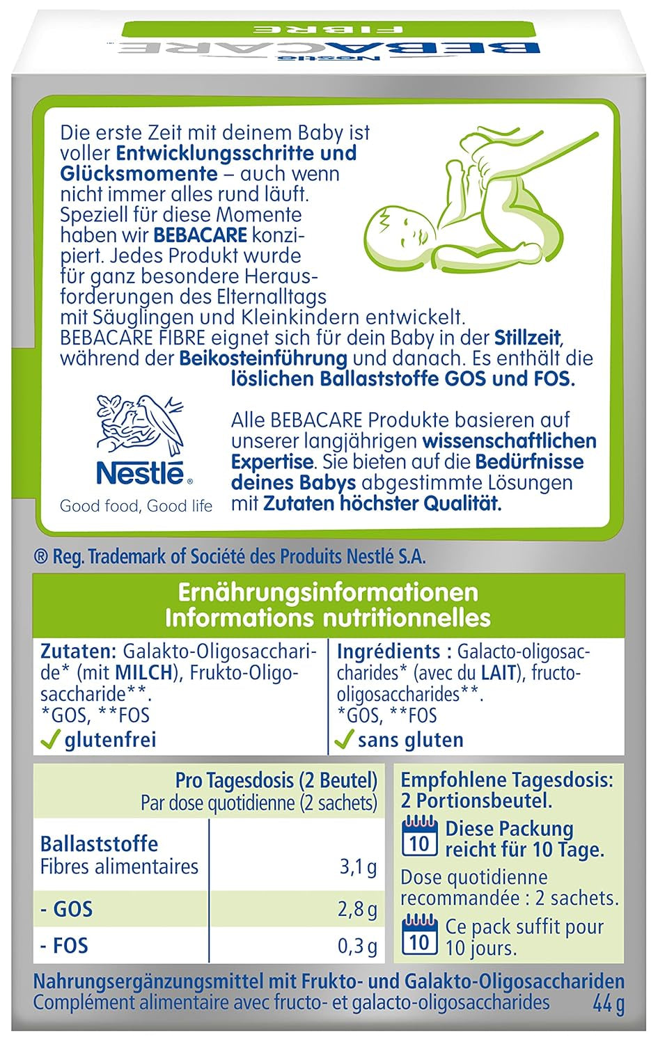 BEBACARE FIBER complemento alimenticio sin gluten para una digestión suave, complemento alimenticio para bebés desde el nacimiento y niños pequeños, 1x (20 x 2,2g)